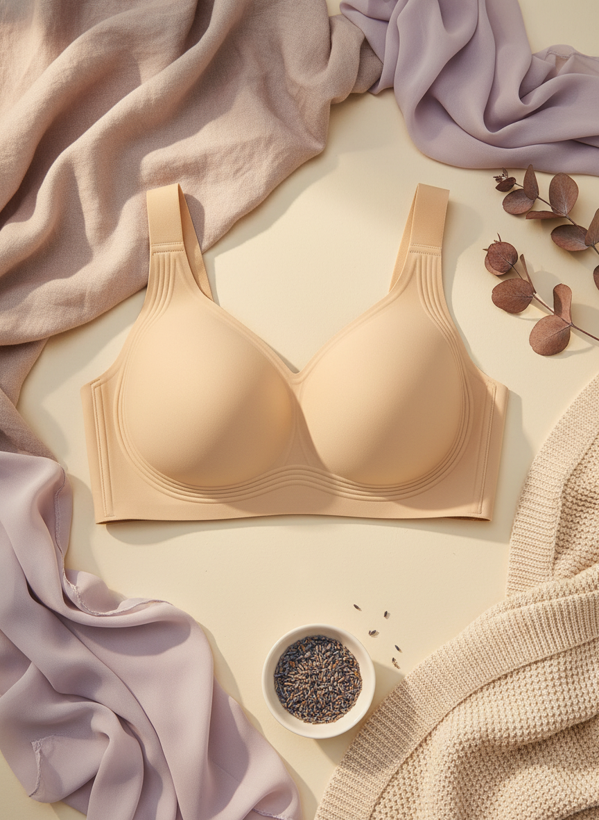 Close-up flat-lay of a CushWell bra, showcasing its seamless design and soft fabric on a warm cream surface with pale mauve a